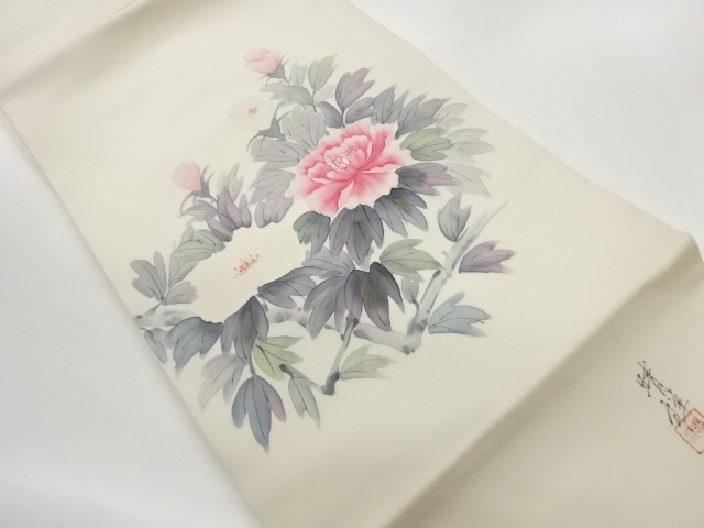 作家物　塩瀬手描き金彩牡丹模様名古屋帯